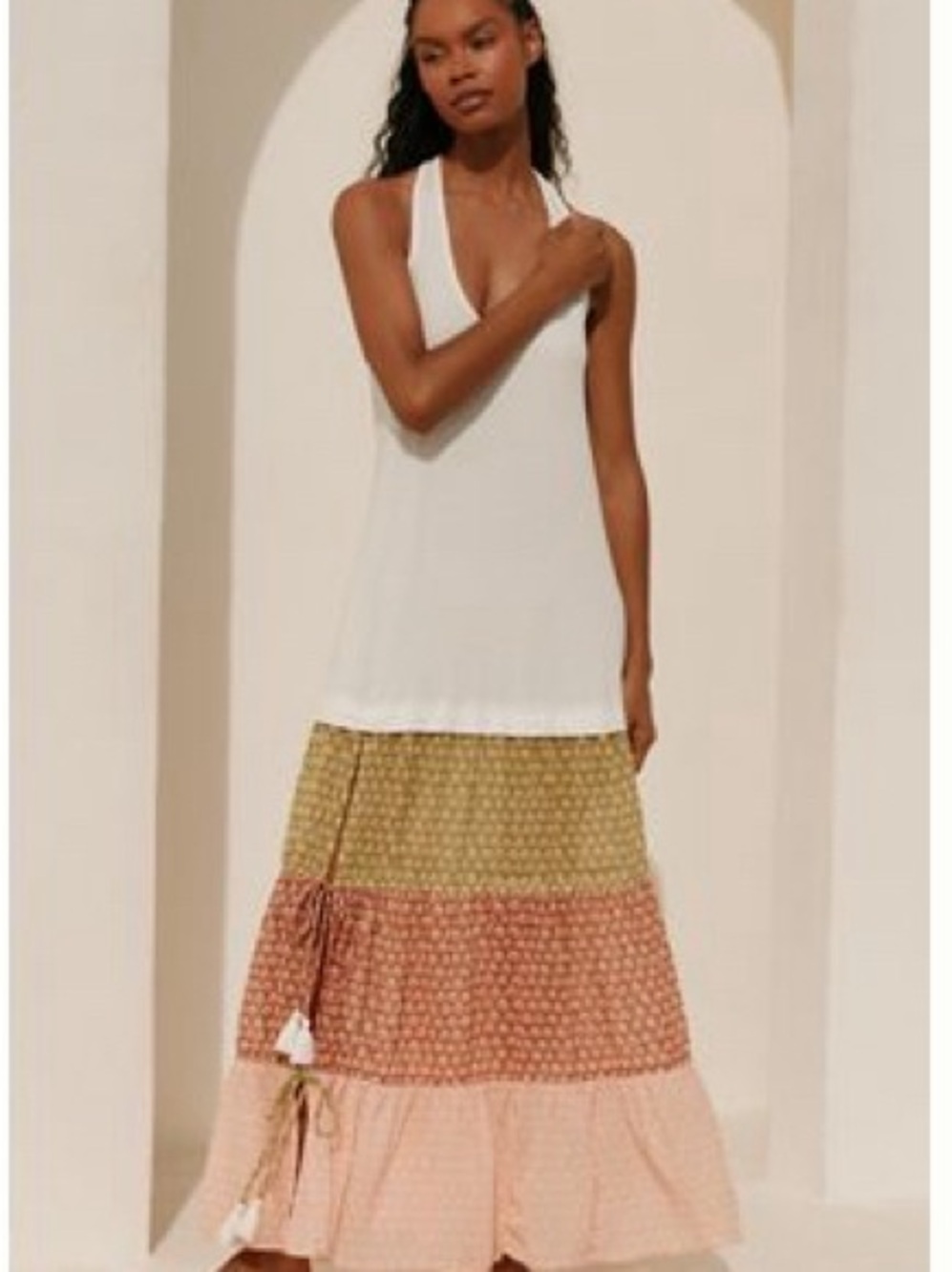Anthropologie White Halter Maxi Dress with Olive, Coral & Blush Tiers